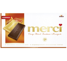 Шоколад горький MERCI с соком апельсина и кусочками миндаля, 100г, Германия, 100 г