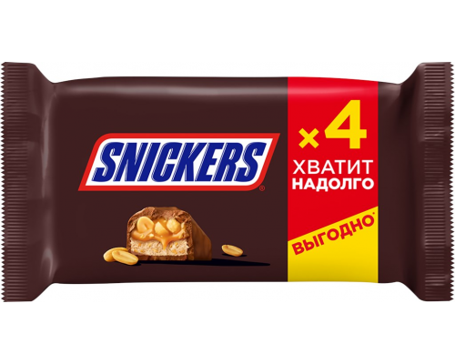 Батончик шоколадный SNICKERS с жареным арахисом, карамелью и нугой, 4х40г, Россия, 160 г