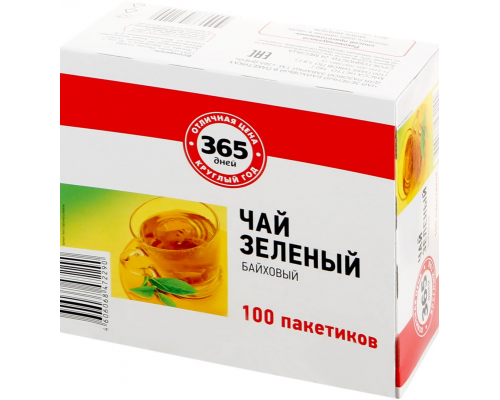 Чай зеленый 365 ДНЕЙ байховый, 100пак, Россия, 100 пак